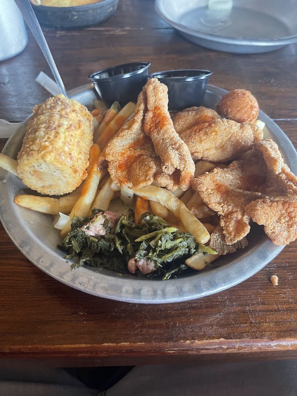 Catfish with Fried Corn and French Fries